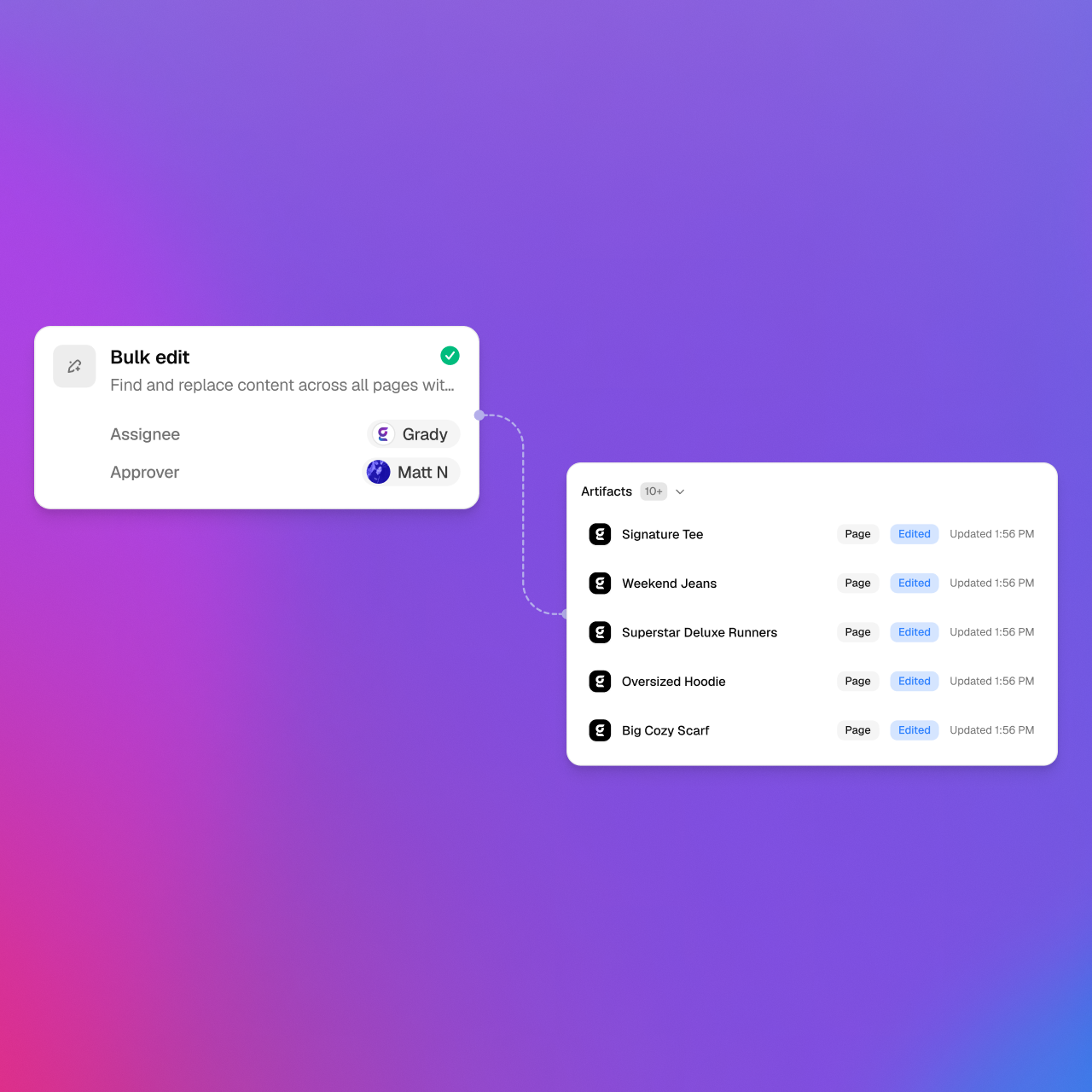 Bulk edit task connected to a list of updated product page artifacts.