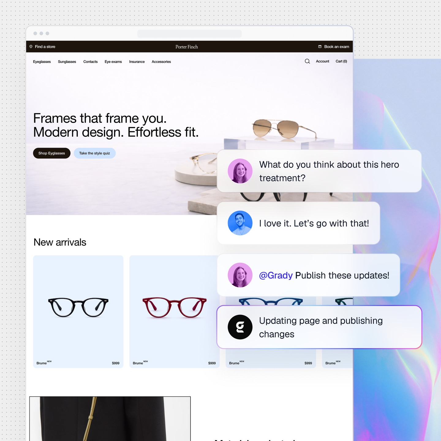 Website preview with team review comments and an update request