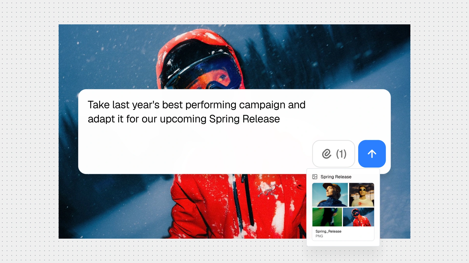 Promotional artwork showing a skier in snowy conditions behind a white campaign-creation interface with a Spring Release prompt and image attachment thumbnails.