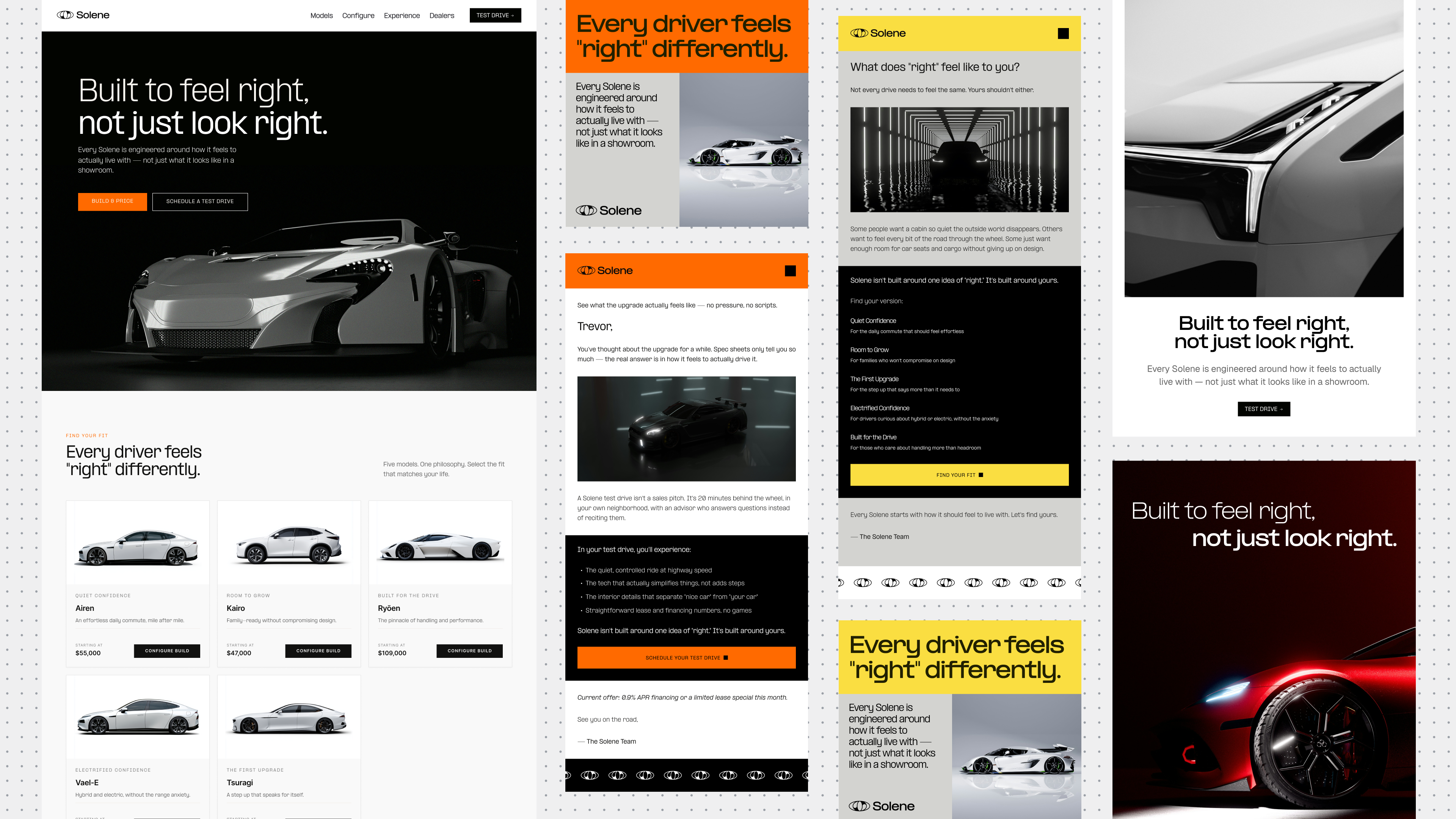 Solene automotive campaign creative adapted across website layouts, email designs, and promotional cards featuring electric vehicles.